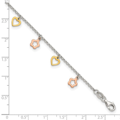 Sterling Silver Gold And Rose-Tone Heart Flower 9In Plus 1In Ext. Anklet