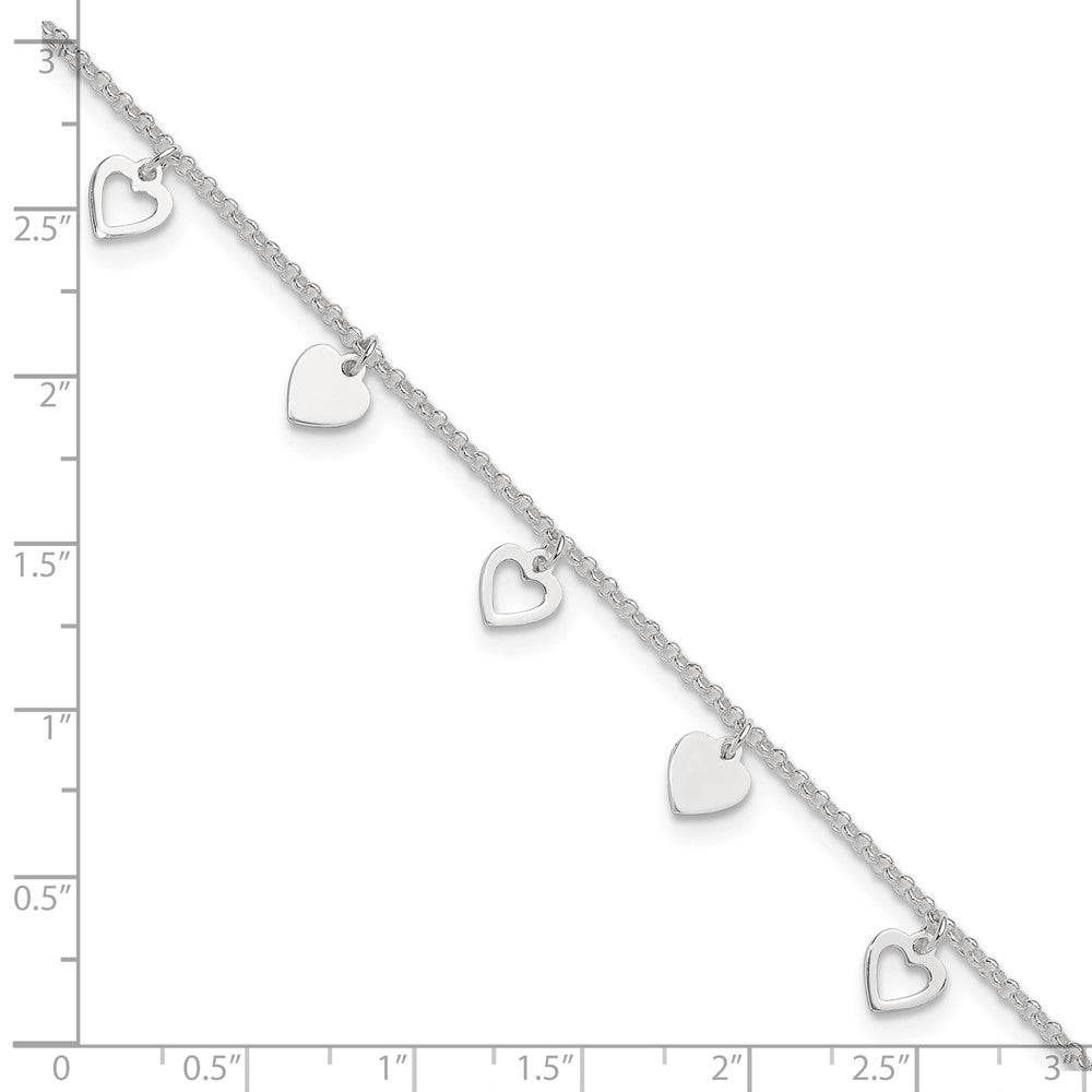 Sterling Silver 9 Inch Polished Heart With 1In Ext. Anklet