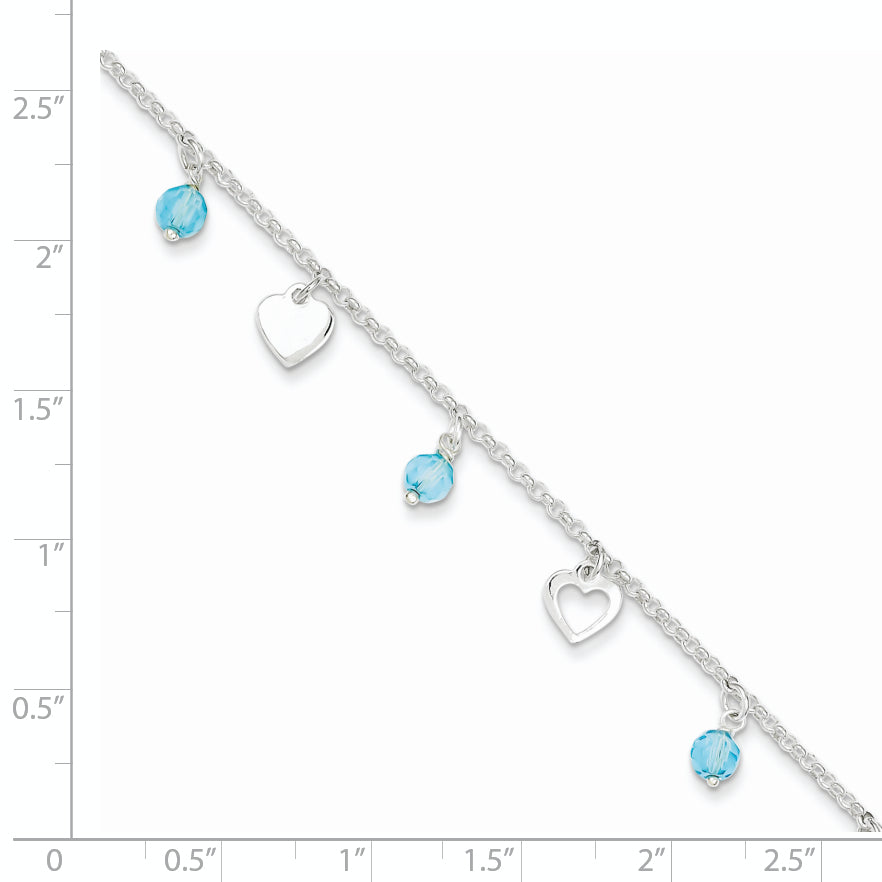 Sterling Silver 9 Inch Heart And Blue Glass Plus1In Ext. Anklet