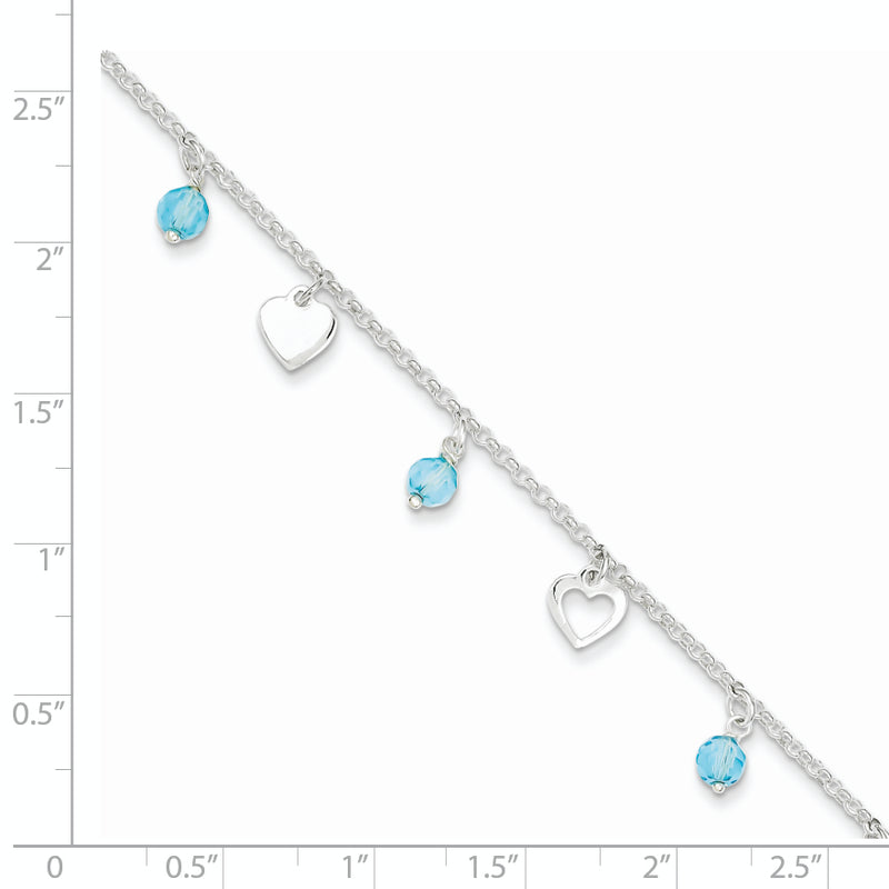 Sterling Silver 9 Inch Heart And Blue Glass Plus1In Ext. Anklet