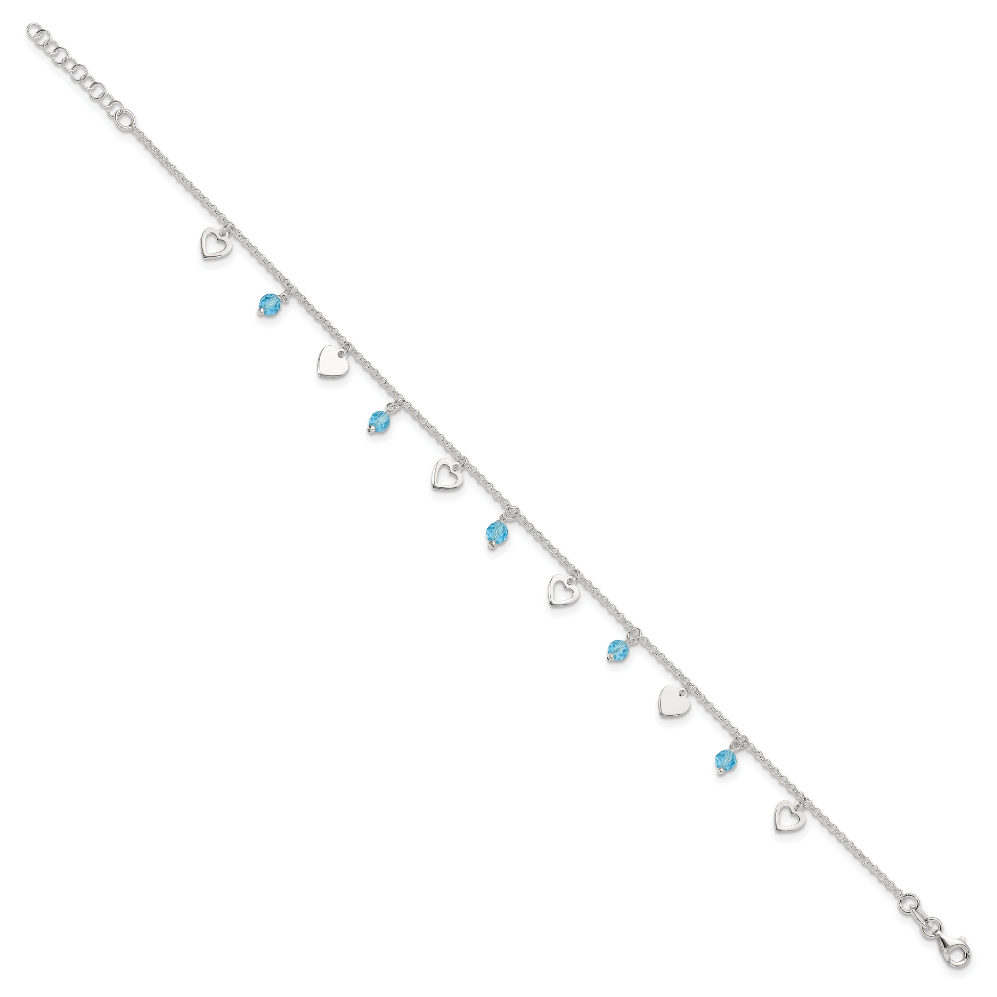 Sterling Silver 9 Inch Heart And Blue Glass Plus1In Ext. Anklet