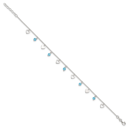 Sterling Silver 9 Inch Heart And Blue Glass Plus1In Ext. Anklet