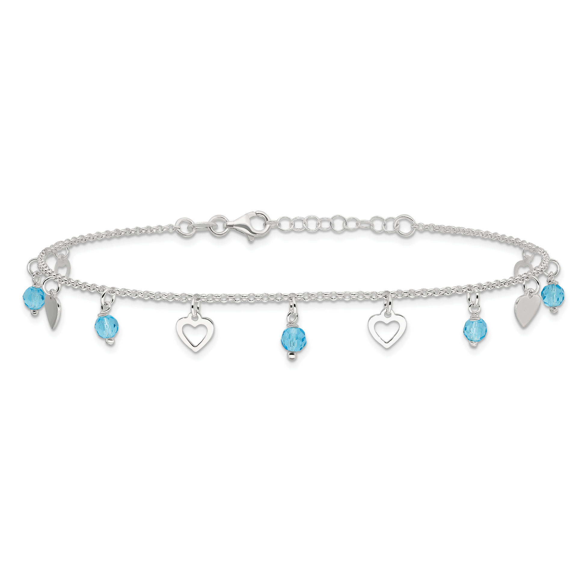 Sterling Silver 9 Inch Heart And Blue Glass Plus1In Ext. Anklet