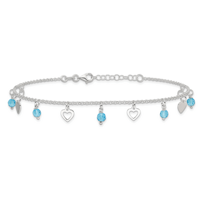 Sterling Silver 9 Inch Heart And Blue Glass Plus1In Ext. Anklet