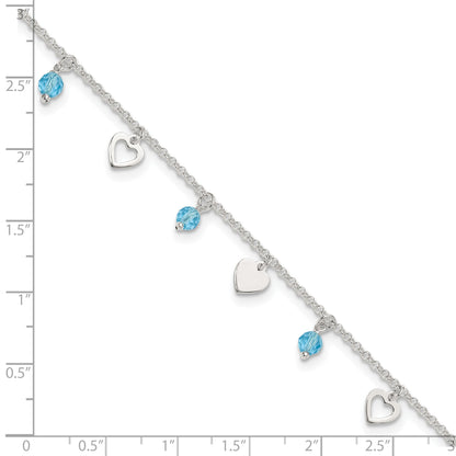 Sterling Silver 9 Inch Heart And Blue Glass Plus1In Ext. Anklet