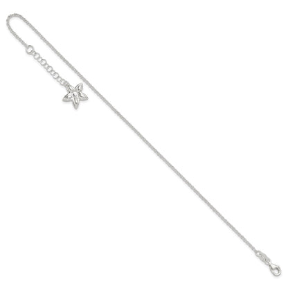 Sterling Silver Polished Flower 9In Plus 1In Ext. Anklet
