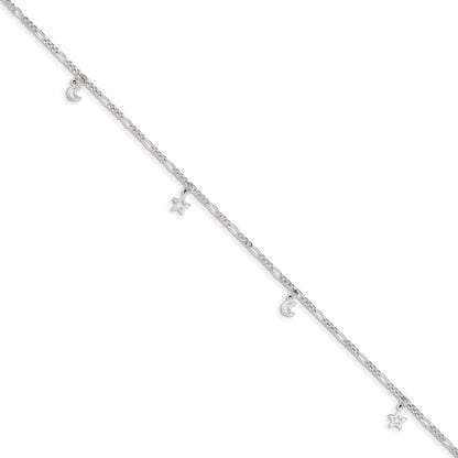 Sterling Silver Polished Star And Moon 9In Plus 1In Ext. Anklet