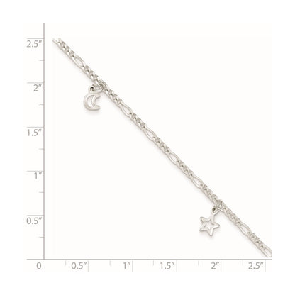 Sterling Silver Polished Star And Moon 9In Plus 1In Ext. Anklet