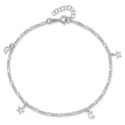 Sterling Silver Polished Star And Moon 9In Plus 1In Ext. Anklet