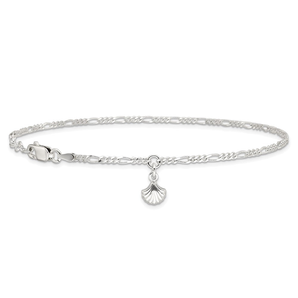 Sterling Silver Polished Shell 9In Plus 1In Ext. Anklet