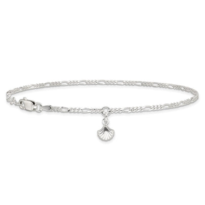 Sterling Silver Polished Shell 9In Plus 1In Ext. Anklet