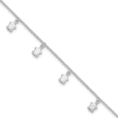 Sterling Silver Polished Turtle 9In Plus 1In Ext. Anklet