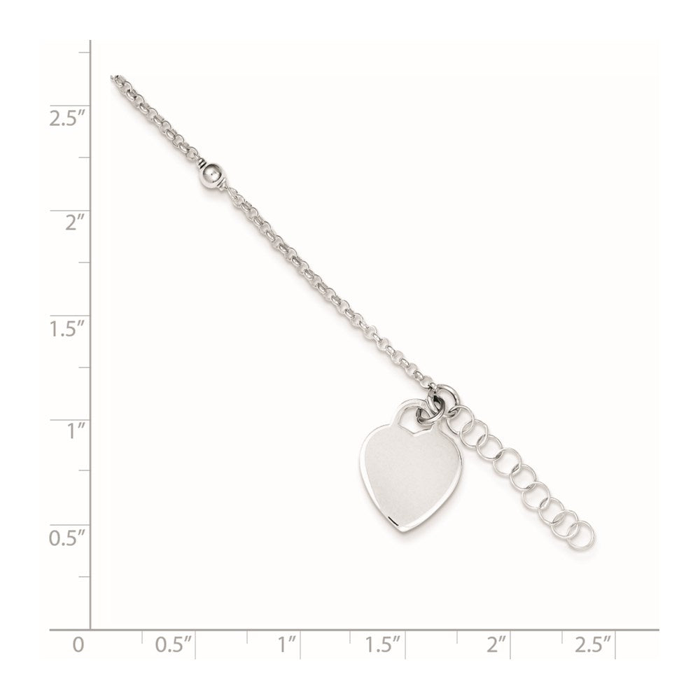 Sterling Silver Polished Bead And Heart 9In Plus 1In Ext. Anklet