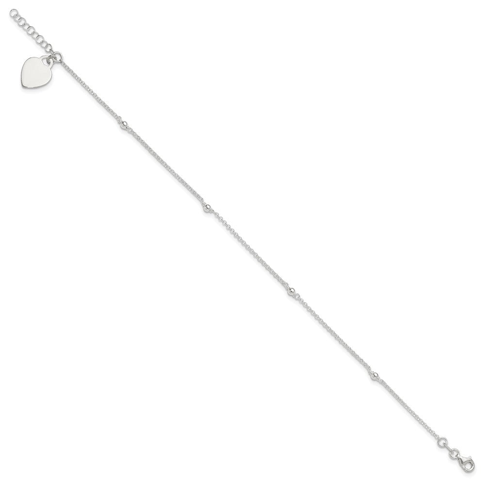 Sterling Silver Polished Bead And Heart 9In Plus 1In Ext. Anklet