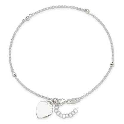 Sterling Silver Polished Bead And Heart 9In Plus 1In Ext. Anklet