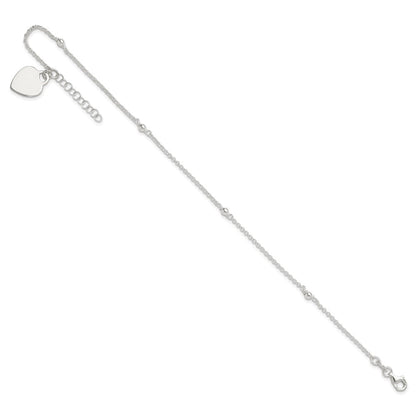 Sterling Silver Polished Bead And Heart 9In Plus 1In Ext. Anklet