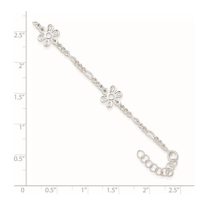 Sterling Silver Polished Flower 9In Plus 1In Ext. Anklet