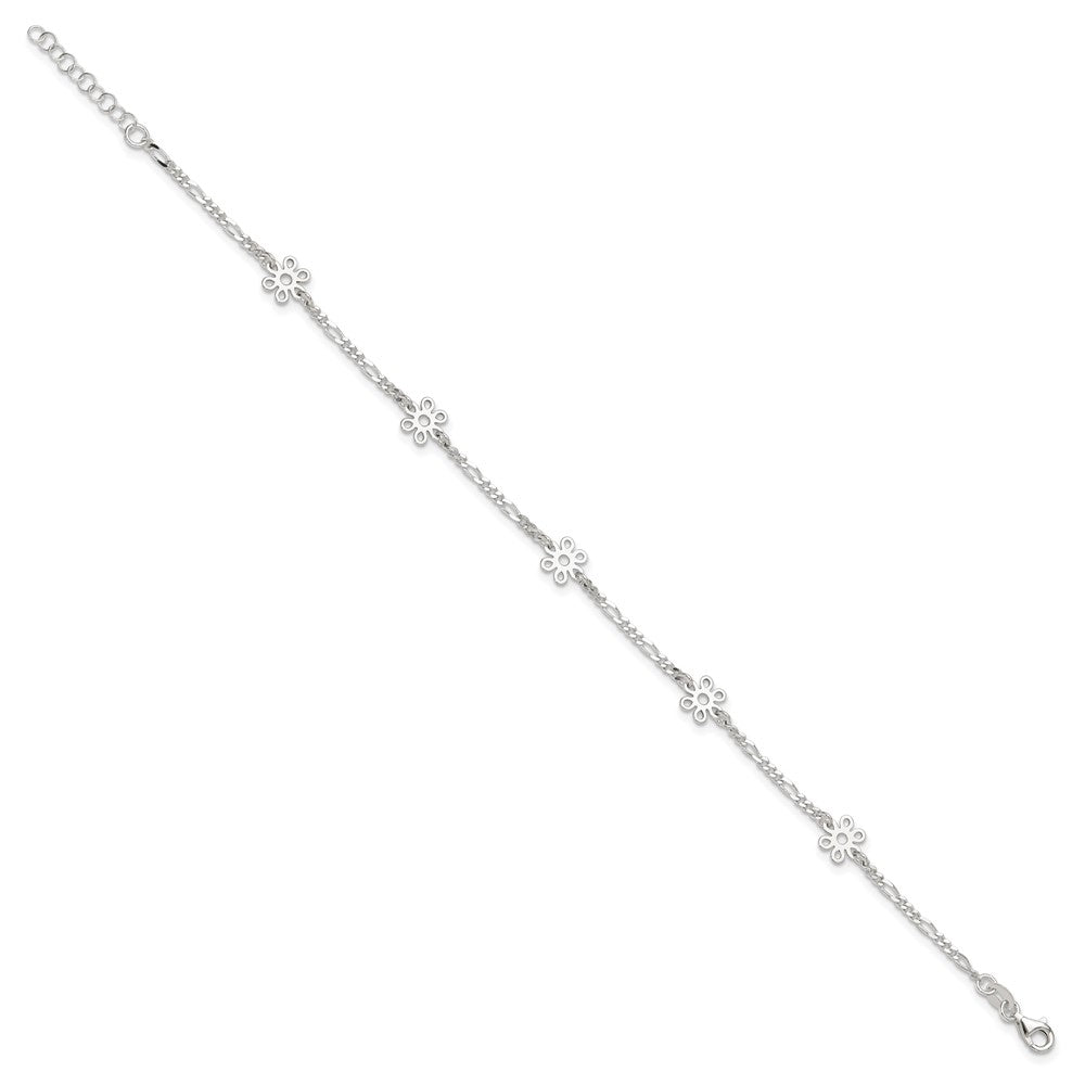Sterling Silver Polished Flower 9In Plus 1In Ext. Anklet
