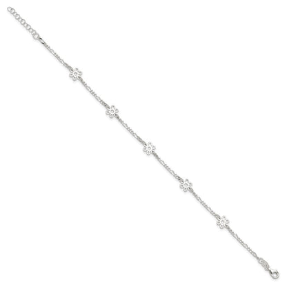 Sterling Silver Polished Flower 9In Plus 1In Ext. Anklet