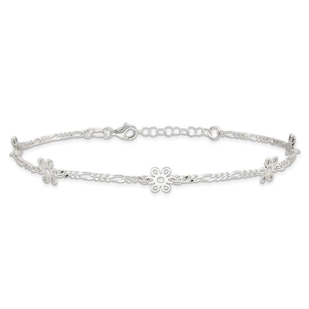 Sterling Silver Polished Flower 9In Plus 1In Ext. Anklet