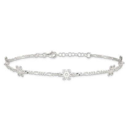 Sterling Silver Polished Flower 9In Plus 1In Ext. Anklet