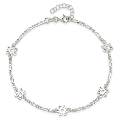 Sterling Silver Polished Flower 9In Plus 1In Ext. Anklet