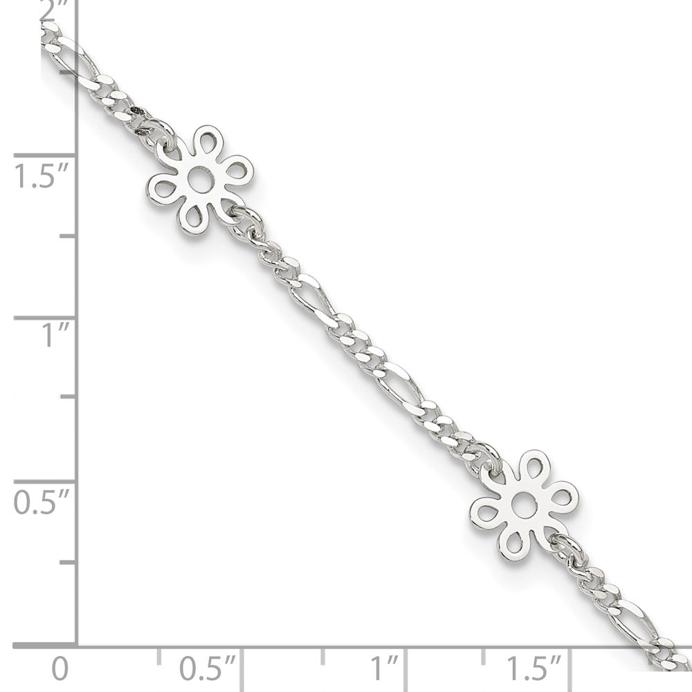 Sterling Silver Polished Flower 9In Plus 1In Ext. Anklet