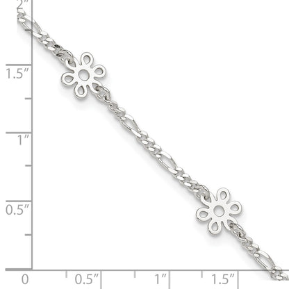 Sterling Silver Polished Flower 9In Plus 1In Ext. Anklet