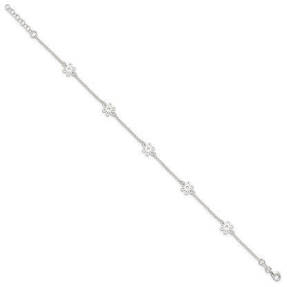 Sterling Silver Polished Flower 9In Plus 1In Ext. Anklet