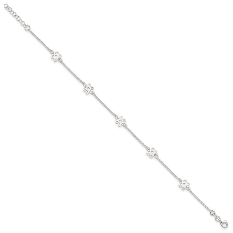 Sterling Silver Polished Flower 9In Plus 1In Ext. Anklet