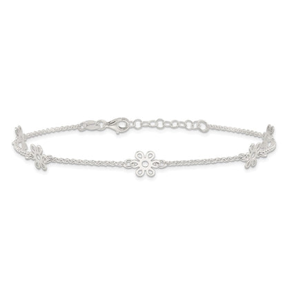 Sterling Silver Polished Flower 9In Plus 1In Ext. Anklet