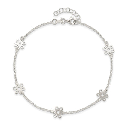 Sterling Silver Polished Flower 9In Plus 1In Ext. Anklet