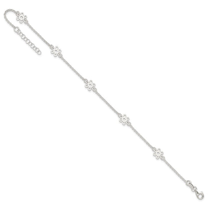 Sterling Silver Polished Flower 9In Plus 1In Ext. Anklet