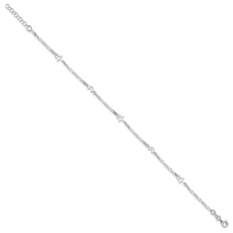 Sterling Silver Polished Moon And Star 9In Plus 1In Ext. Anklet