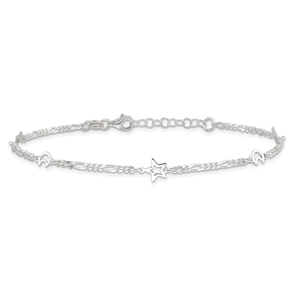 Sterling Silver Polished Moon And Star 9In Plus 1In Ext. Anklet