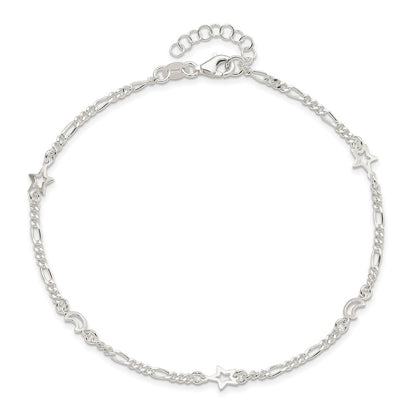 Sterling Silver Polished Moon And Star 9In Plus 1In Ext. Anklet