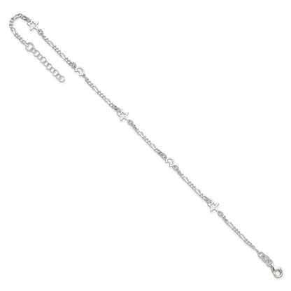 Sterling Silver Polished Moon And Star 9In Plus 1In Ext. Anklet