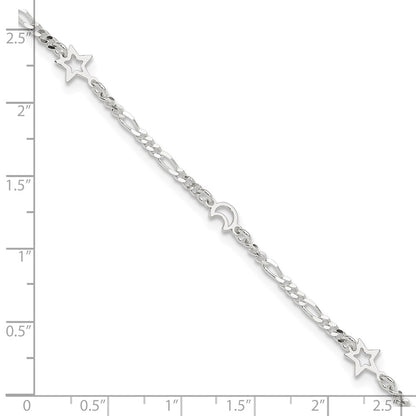 Sterling Silver Polished Moon And Star 9In Plus 1In Ext. Anklet