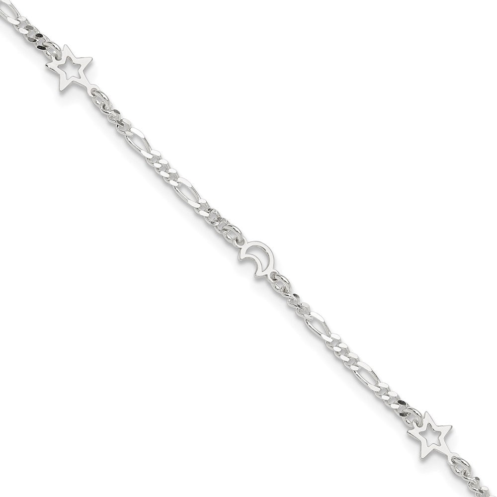 Sterling Silver Polished Moon And Star 9In Plus 1In Ext. Anklet