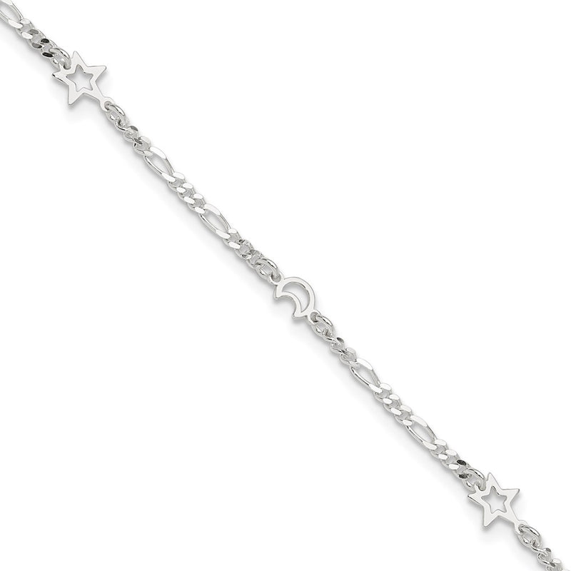 Sterling Silver Polished Moon And Star 9In Plus 1In Ext. Anklet