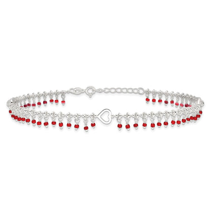 Sterling Silver Red Beads 10In Plus 1In Ext. Anklet