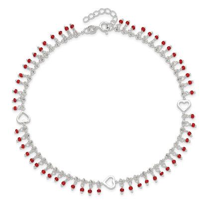Sterling Silver Red Beads 10In Plus 1In Ext. Anklet