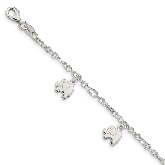 6 Inch Sterling Silver Polished Elephants With 1In Ext. Children'S Bracelet