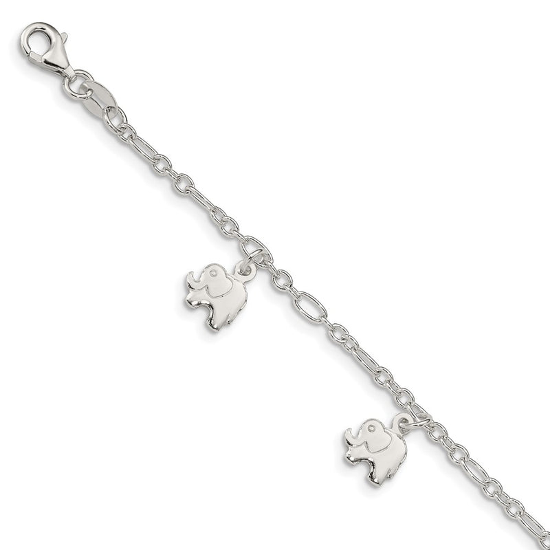 6 Inch Sterling Silver Polished Elephants With 1In Ext. Children'S Bracelet