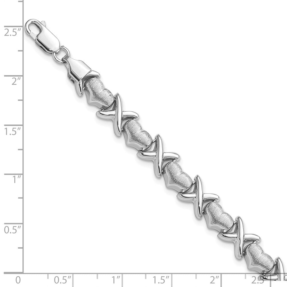 7.25 Inch Sterling Silver Rhodium Polished And Brushed X'S Hearts Bracelet