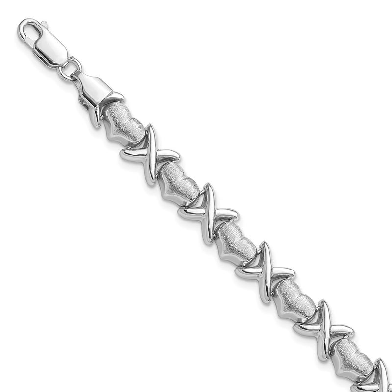 7.25 Inch Sterling Silver Rhodium Polished And Brushed X'S Hearts Bracelet