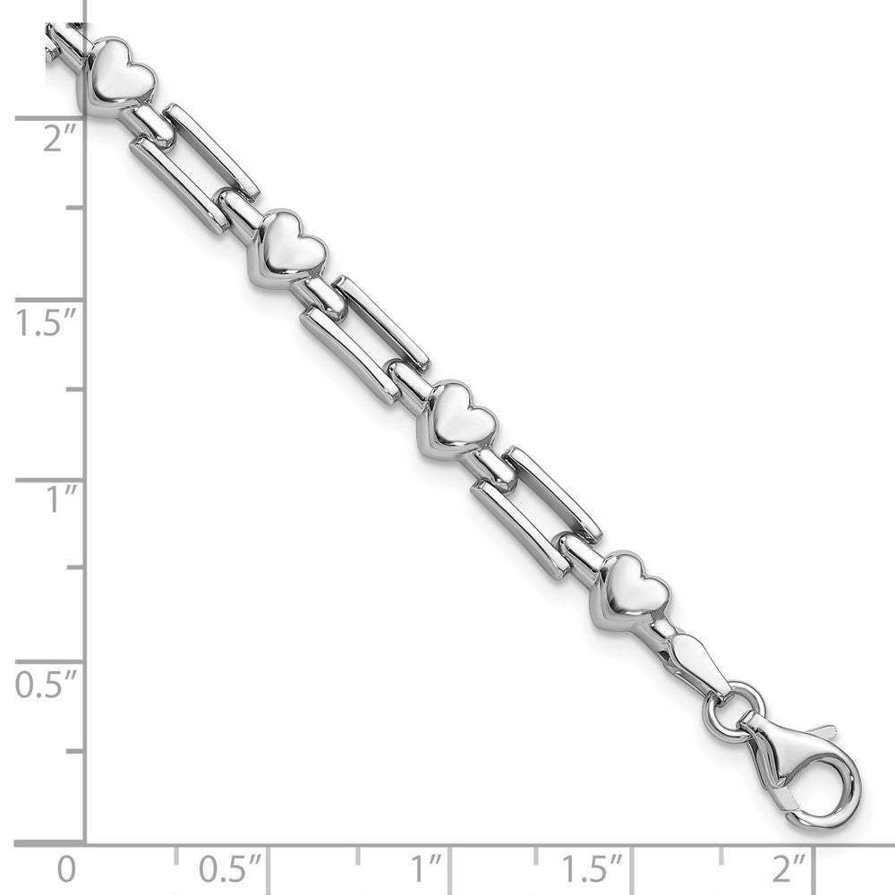 7.25 Inch Sterling Silver Rhodium Polished Hearts And Squares Bracelet