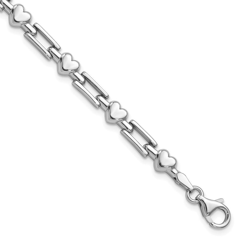 7.25 Inch Sterling Silver Rhodium Polished Hearts And Squares Bracelet