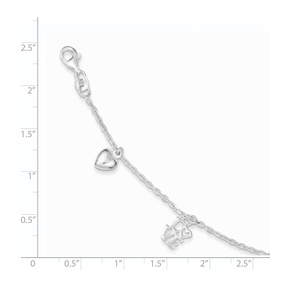 7.5 Inch Sterling Silver Heart And Love Charm Bracelet