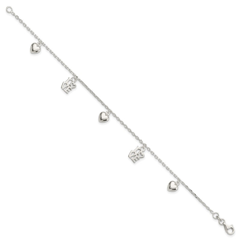 7.5 Inch Sterling Silver Heart And Love Charm Bracelet